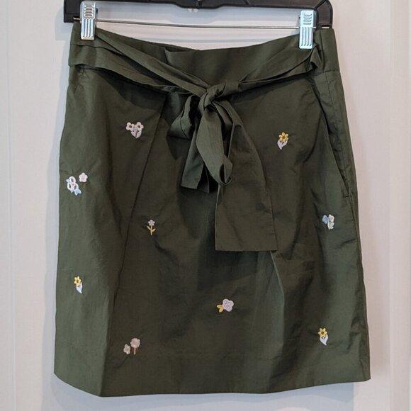 J. Crew Skirt Size 4 Olive Green Mini Embroidered Floral Tie-Waist NWT G9054 - Picture 3 of 16
